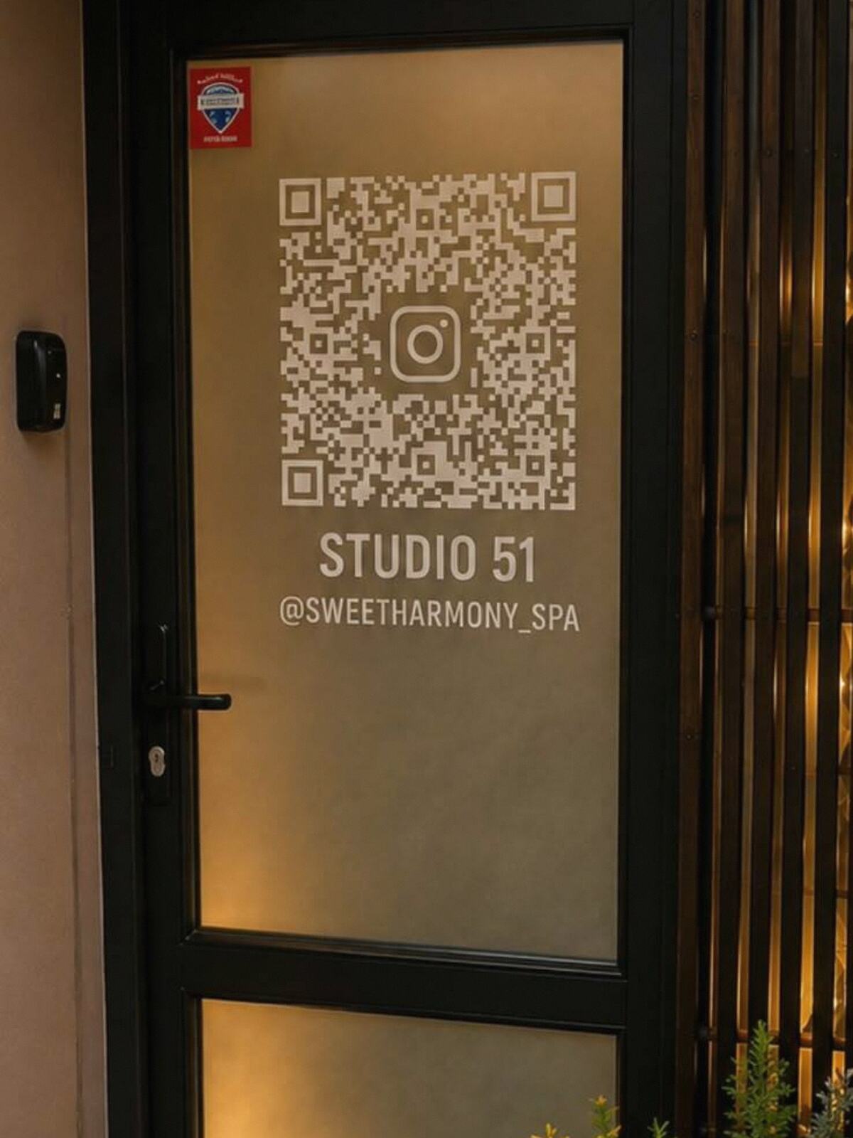 Входная дверь с матовым стеклом и надписью Studio 51.